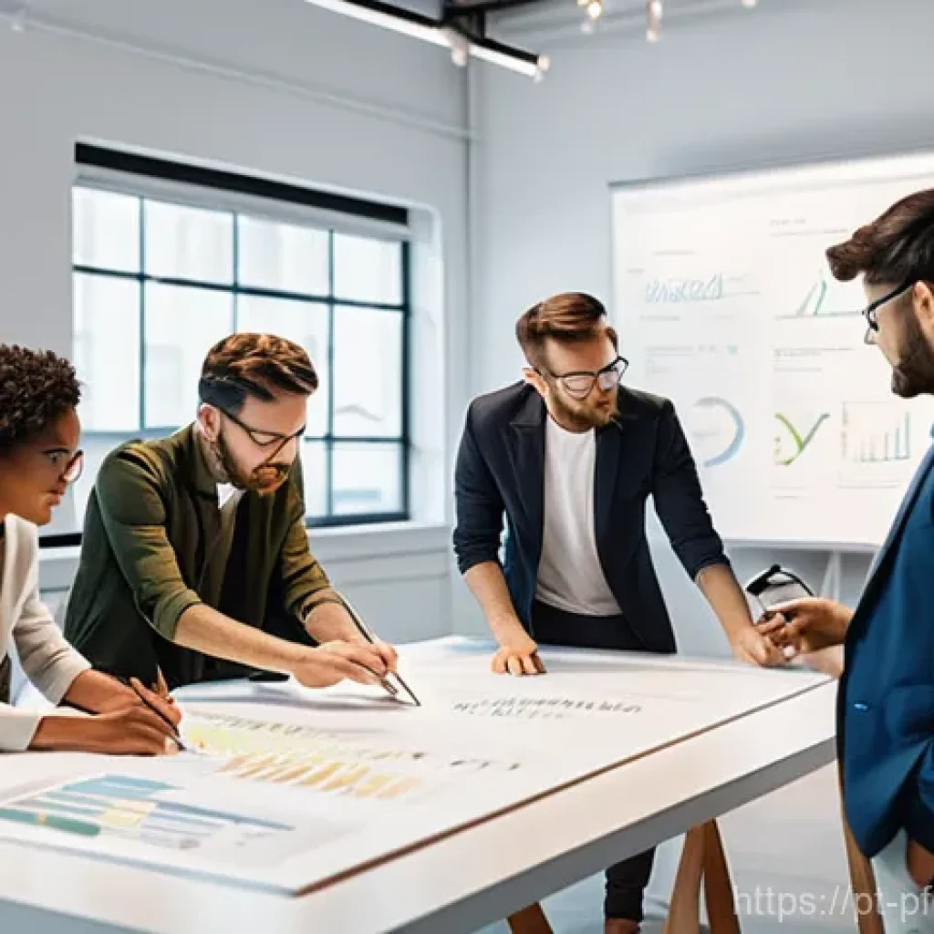 다양한 산업에서의 포트폴리오 경력 디자인 사례 - **Multidisciplinary Design Team in a Modern Studio:**
"A vibrant, high-angle wide shot of a dive...