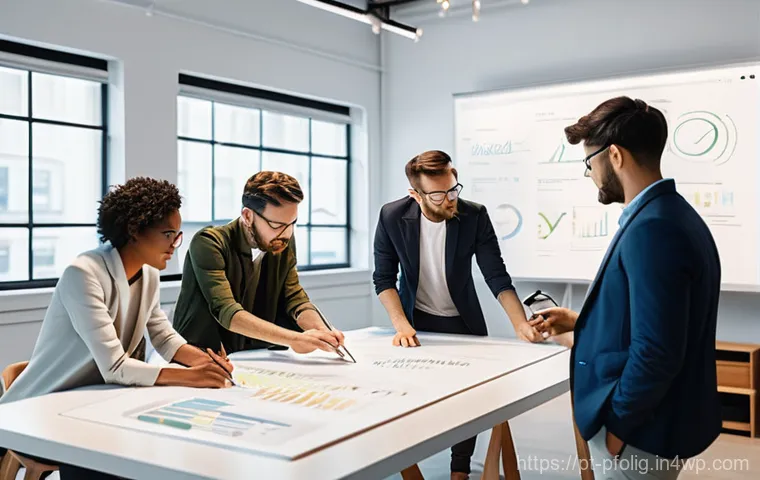 다양한 산업에서의 포트폴리오 경력 디자인 사례 - **Multidisciplinary Design Team in a Modern Studio:**
    "A vibrant, high-angle wide shot of a dive...