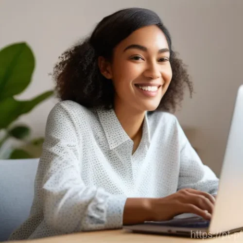 포트폴리오 경력 디자인의 심리적 접근법 - **Prompt:** A diverse female graphic designer, in her late 20s, with a warm smile, sitting comfortab...