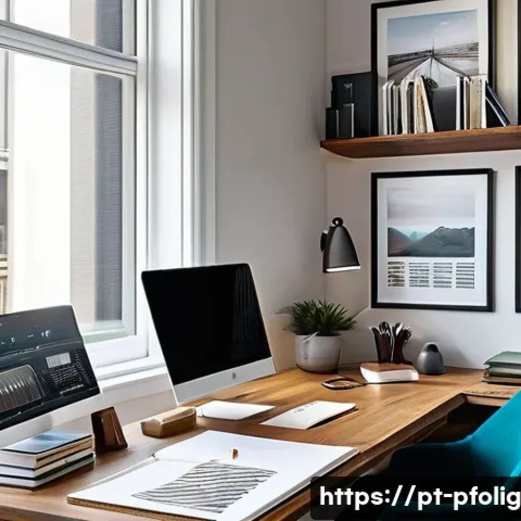 포트폴리오 경력 디자인의 법적 측면 - A professional designer&rsquo;s modern home office scene showing a diverse creative workspace with dual mo...
