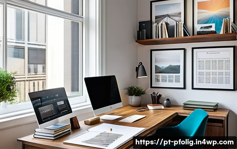 포트폴리오 경력 디자인의 법적 측면 - A professional designer’s modern home office scene showing a diverse creative workspace with dual mo...