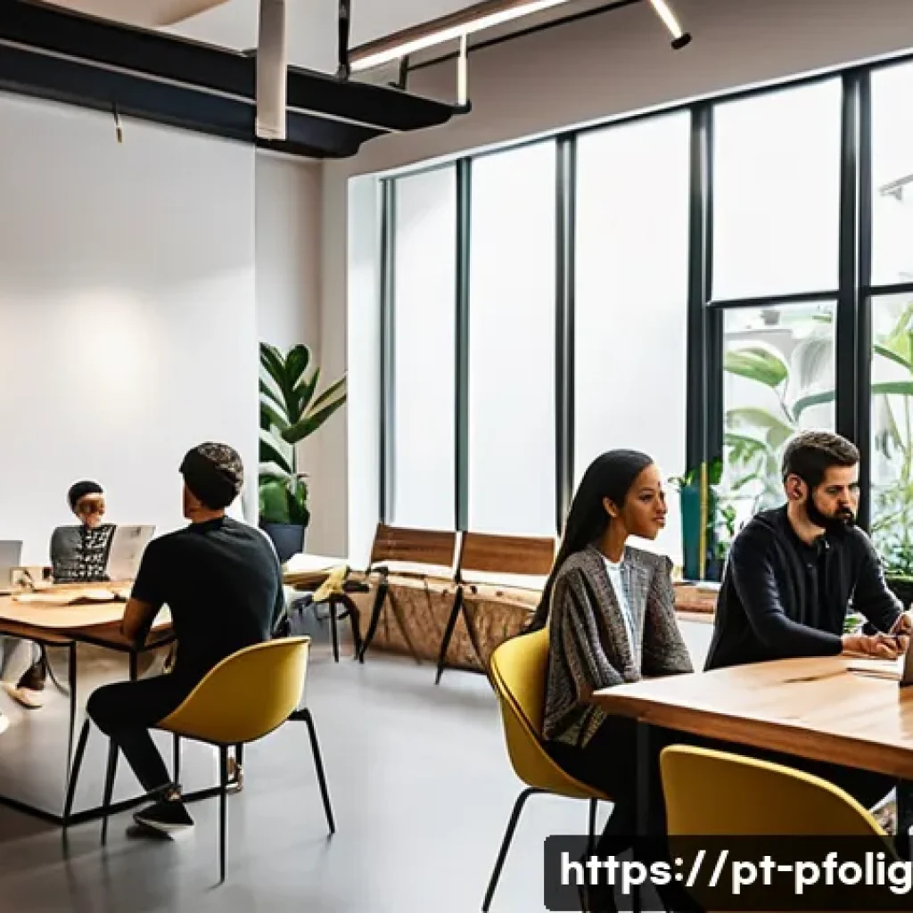 포트폴리오 경력 디자인에서의 피어 리뷰 방법 - A modern, bright coworking space in São Paulo, Brazil, where diverse designers in casual professiona...