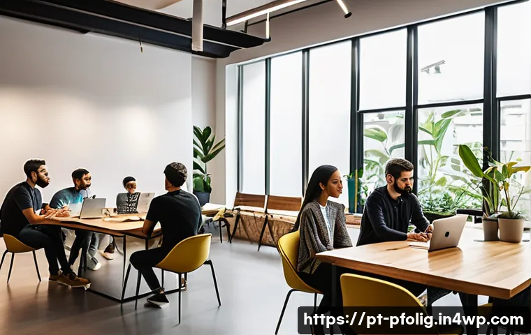포트폴리오 경력 디자인에서의 피어 리뷰 방법 - A modern, bright coworking space in São Paulo, Brazil, where diverse designers in casual professiona...