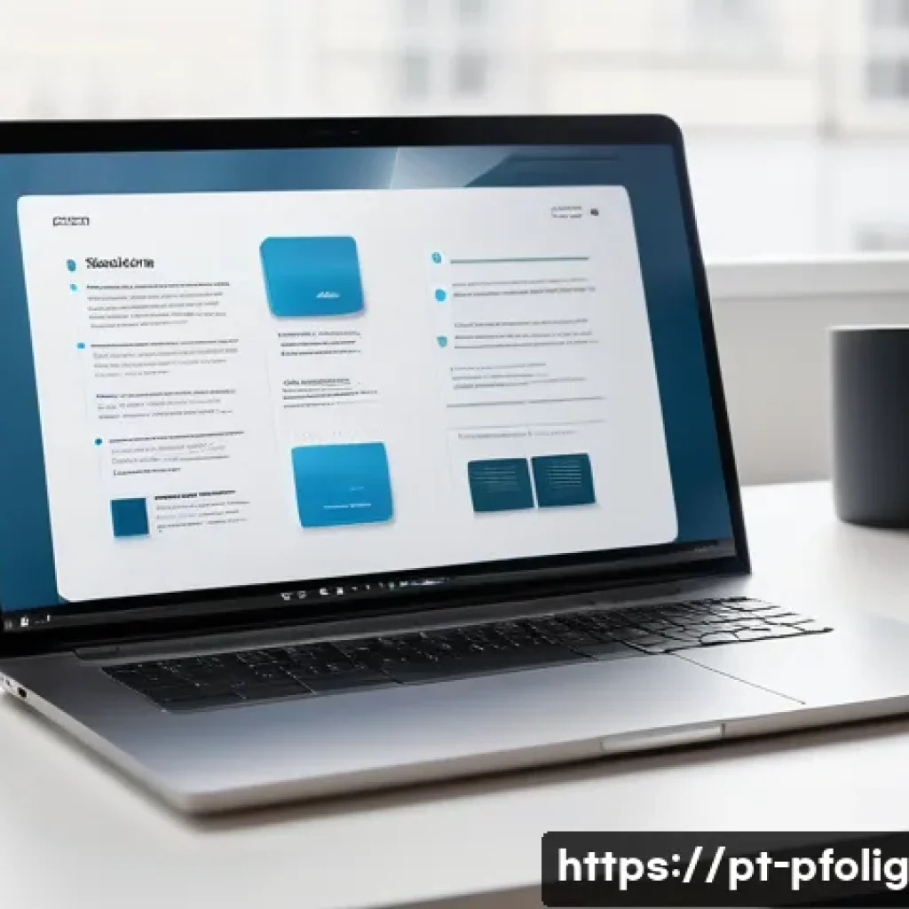 포트폴리오 경력 디자인의 윤리적 고려사항 - A professional portfolio presentation scene showcasing a clean, modern digital workspace with a lapt...