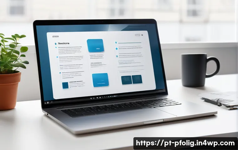 포트폴리오 경력 디자인의 윤리적 고려사항 - A professional portfolio presentation scene showcasing a clean, modern digital workspace with a lapt...
