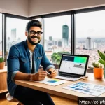 Home 21 포트폴리오 경력 디자인을 위한 프로젝트 관리 기법 - A modern creative workspace featuring a young Brazilian graphic designer at a sleek wooden desk, sur...