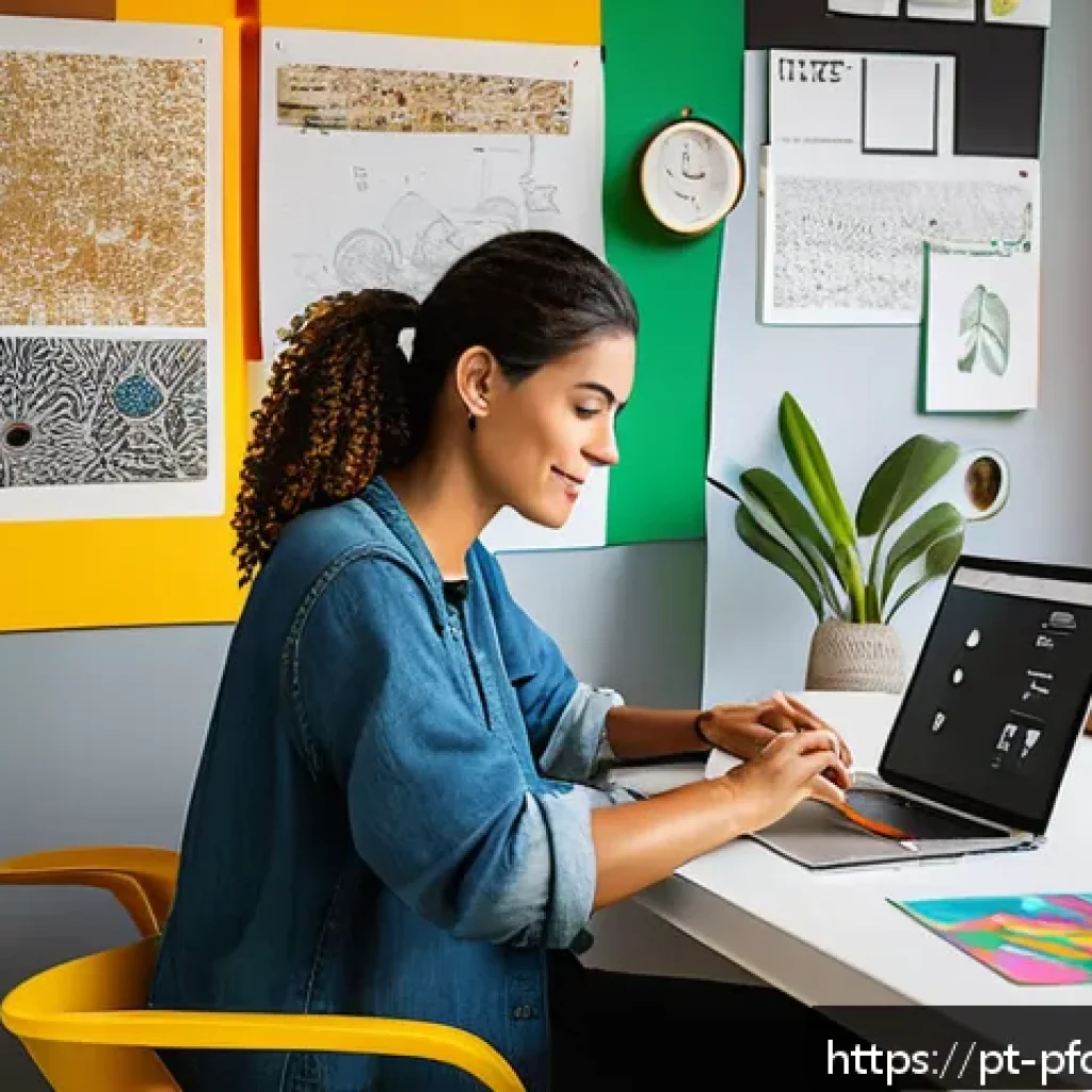 포트폴리오 경력 디자인을 위한 장기 계획 세우기 - A modern creative workspace featuring a Brazilian graphic designer in their mid-30s, working on a sl...
