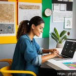 Home 19 포트폴리오 경력 디자인을 위한 장기 계획 세우기 - A modern creative workspace featuring a Brazilian graphic designer in their mid-30s, working on a sl...
