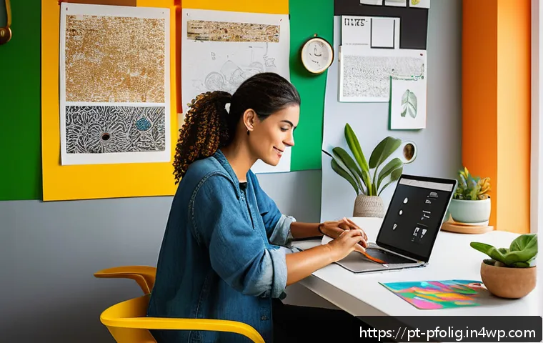 포트폴리오 경력 디자인을 위한 장기 계획 세우기 - A modern creative workspace featuring a Brazilian graphic designer in their mid-30s, working on a sl...
