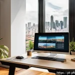 Home 18 포트폴리오 경력 디자인의 예술적 접근 - A modern, sleek designer’s portfolio workspace set in a stylish São Paulo apartment, featuring a lar...