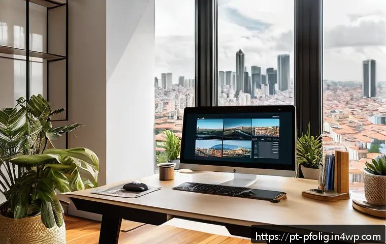 포트폴리오 경력 디자인의 예술적 접근 - A modern, sleek designer’s portfolio workspace set in a stylish São Paulo apartment, featuring a lar...